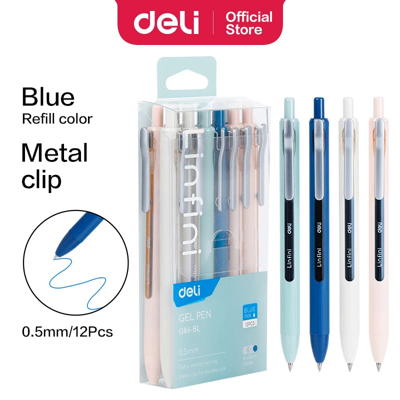 Deli 12 peças caneta esferográfica gel caneta escrita suave 0,35 mm 0,5 mm 0,7 mm ponta fina recarga de tinta azul preta material escolar papelaria