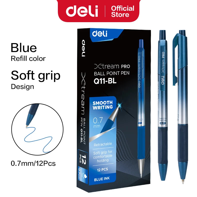 Deli 12 peças caneta esferográfica gel caneta escrita suave 0,35 mm 0,5 mm 0,7 mm ponta fina recarga de tinta azul preta material escolar papelaria