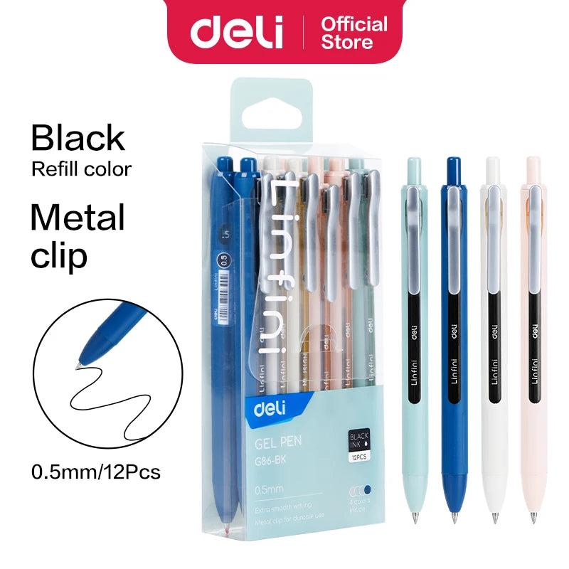 Deli 12 peças caneta esferográfica gel caneta escrita suave 0,35 mm 0,5 mm 0,7 mm ponta fina recarga de tinta azul preta material escolar papelaria